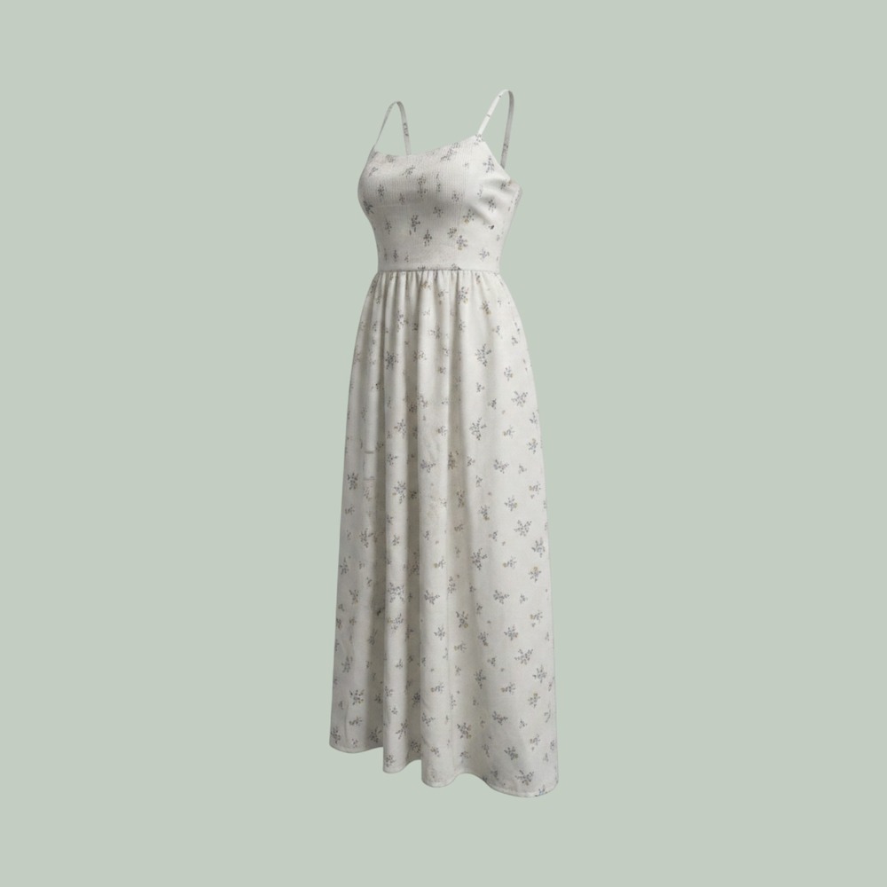 Nang Closet Floral Midi Dress Cream Blue Yellow‎ Cottagecore Smocked Back Womens